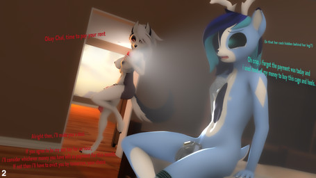 anthro antlers bed bedroom black_body black_ear_tips black_hair blue_body breasts chastity_cage chastity_device countershading cybernetics dialogue dipstick_ears dominant dominant_intersex duo ear_markings femboy flaccid freckled_face freckles furniture genitals grey_hair gynomorph hair hand_on_breast horn inside intersex machine male multicolored_body multicolored_ears multicolored_hair nipples nude ocular_prosthetic on_bed penis prosthetic prosthetic_arm prosthetic_leg prosthetic_limb purple_hair red_sclera sitting sitting_on_bed text white_antlers white_body white_countershading elisasharky_(artist) hasbro hellaverse helluva_boss my_little_pony mythology chal_horn loona_(helluva_boss) canid canid_demon canine canis cyborg deer demon hellhound mammal mythological_canine mythological_creature wolf 16:9 2023 3d_(artwork) 4k absurd_res digital_media_(artwork) english_text hi_res widescreen