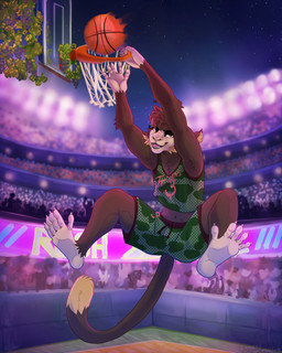 anthro ball barefoot basketball basketball_(ball) basketball_hoop basketball_jersey basketball_net basketball_shorts basketball_uniform brown_body brown_eyes brown_fur clothed clothing crowd detailed_background feet fully_clothed fur group jumping male midriff navel night open_mouth open_smile outside playing_basketball playing_sport sky smile soles solo_focus sport sportswear stadium star tail uniform chorny_vasiliok capuchin_monkey cebid haplorhine mammal monkey new_world_monkey primate 2026 4:5 digital_drawing_(artwork) digital_media_(artwork) hi_res shaded