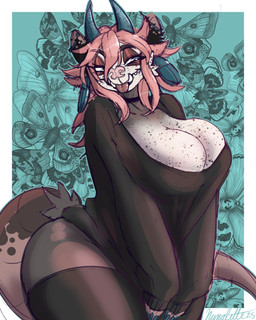 2_horns anthro big_breasts breasts choker cleavage clothed clothing female freckled_breasts freckled_chest freckled_face freckles glistening_eyelids hairless_tail horn jewelry legwear necklace piercing rat_tail solo tail thick_thighs thigh_highs tongue tongue_out wide_hips nunalette nunalette_salems american_opossum mammal marsupial 4:5 hi_res