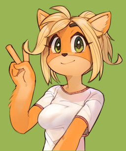 4_fingers anthro black_nose clothed clothing female fingers gesture green_background hair hand_gesture iris looking_at_viewer orange_body orange_ears pupils shirt simple_background smile solo topwear v_sign white_clothing white_shirt white_topwear wamudraws activision crash_bandicoot_(series) coco_bandicoot bandicoot mammal marsupial 2020 digital_media_(artwork) hi_res shaded
