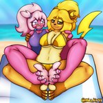 5_toes anthro beach bikini clothing feet female foot_fetish footsie humanoid_feet plantigrade soles spread_toes swimwear toes two-piece_swimsuit mhicky93 nintendo pokemon emma_(kiss_the_pata) penny_(mhicky93) generation_1_pokemon generation_9_pokemon pokemon_(species) raichu tinkatuff 1:1 absurd_res hi_res