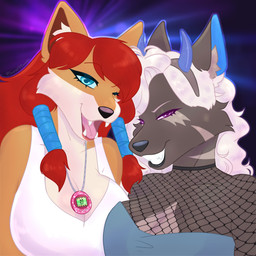 accessory anthro big_breasts blue_clothing blue_eyes blue_topwear braided_hair breasts brown_body brown_fur cleavage clothed clothed_anthro clothed_female clothing countershade_face countershade_torso countershading duo eyelashes fake_horns fangs female fishnet_clothing fishnet_topwear fur grey_body grey_fur hair headband looking_at_viewer neon_lights one_eye_closed open_mouth purple_eyes red_hair shirt smile striped_body stripes tank_top teeth tongue topwear toy white_clothing white_hair white_shirt white_tank_top white_topwear wink winking_at_viewer scaredofbunnies tamagotchi mametchi vee_(veedway) wolf_nanaki canid canine canis mammal red_wolf wolf 1:1 absurd_res digital_media_(artwork) hi_res