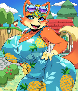 anthro big_breasts blonde_hair blue_eyes blush breasts clothing eyewear female fur hair looking_at_viewer orange_body smile solo sunglasses 68_(artist) animal_crossing nintendo audie_(animal_crossing) canid canine canis mammal wolf hi_res