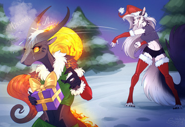 box christmas_clothing christmas_headwear clothing container duo female fire fur gift happy hat headgear headwear holidays lava legwear open_mouth santa_hat shocked snow snowball snowball_fight stockings warm wet winter sunny_way christmas hellaverse helluva_boss mythology new_year loona_(helluva_boss) canid canid_demon canine canis demon dragon hellhound mammal mythological_canine mythological_creature mythological_scalie scalie wolf hi_res