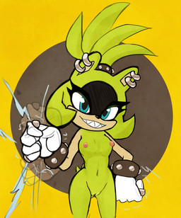 anthro bracelet breasts ear_piercing electricity female genitals gesture jewelry nipples piercing ring sharp_teeth smile solo studded_bracelet studded_jewelry studs suggestive suggestive_gesture teeth vulva viofsa idw_publishing sega sonic_the_hedgehog_(comics) sonic_the_hedgehog_(idw) sonic_the_hedgehog_(series) surge_the_tenrec afrosoricid mammal tenrec hi_res