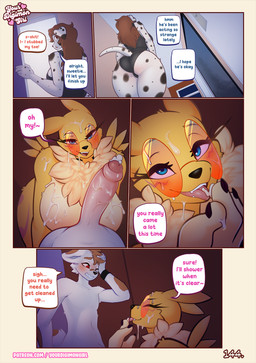 blue_eyes bodily_fluids cum cum_drip cum_in_mouth cum_inside cum_on_face cum_on_penis dripping eyewear female fur genital_fluids genitals glasses mane penis size_difference size_play text yellow_body yellow_fur conditional_dnp yourdigimongirl bandai_namco digimon digi_(yourdigimongirl) leo's_mom_(yourdigimongirl) leo_(yourdigimongirl) canid canine canis digimon_(species) domestic_dog mammal renamon comic digital_media_(artwork) english_text hi_res url