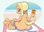 3_toes anthro applying_sunscreen beach beach_towel blonde_hair blue_eyes butt choker cute_fangs fangs feet female fur hair jewelry necklace nude nude_beach plant seaside sitting soles solo sunscreen tan_body tan_fur teeth toes towel wide_hips deepcreases brandy_and_mr._whiskers disney brandy_harrington canid canine canis domestic_dog mammal 2023 digital_drawing_(artwork) digital_media_(artwork) hi_res