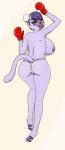 anthro big_breasts big_butt boxing boxing_gloves breasts butt camel_toe clothing fangs female hair handwear looking_at_viewer looking_back nipples open_mouth panties pawpads purple_hair side_boob solo sport teeth underwear jessesmash32 animal_boxing chun_(animal_boxing) felid mammal pantherine 2017