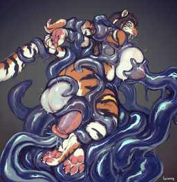 animal_genitalia animal_penis anthro balls balls_expansion big_breasts big_penis breasts equine_genitalia equine_penis erection expansion genital_expansion genitals gynomorph hair intersex nipples nude penis simple_background solo tail tentacles urethral tussamag hervy felid mammal pantherine tiger absurd_res hi_res
