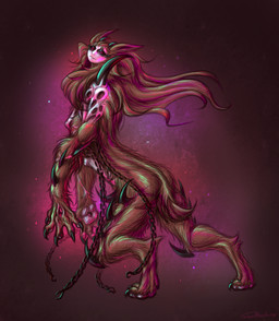 anthro breasts brown_body brown_fur burn_scar chain claws eye_bags facial_scar fur hair hole_in_hand hook horn iridescent iridescent_body iridescent_fur iridescent_hair long_hair long_mane looking_at_viewer mane multi_breast neck_tuft nipples nude pawpads pink_body pink_skin red_eyes scar short_tail side_boob smile solo sparkles spikes spikes_(anatomy) stigmata tail tuft unusual_anatomy taraelblackwing shrazda_(taraelblackwing) demon felid feline feline_demon mammal digital_media_(artwork) hi_res gynomorph_(lore)
