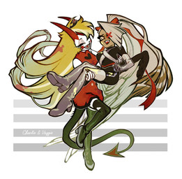 blood blood_on_clothing bodily_fluids clothed clothing colored_blood duo eyes_closed female horn not_furry simple_background spade_tail tail text unusual_blood unusual_bodily_fluids white_background yellow_blood batooo_j hazbin_hotel hellaverse charlie_morningstar vaggi_(hazbin_hotel) angel demon demon_humanoid fallen_angel humanoid character_name