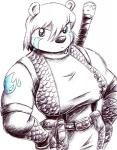 anthro belt blue_eyes clothing female gloves hair handwear melee_weapon muscular muscular_anthro muscular_female simple_background solo sword weapon drake_fenwick supermegatopia purity_(character) bear mammal monochrome