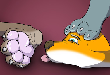 anthro blue_body blue_eyes blue_fur brown_body brown_fur brown_nose bullying claws countershading feet foot_fetish foot_focus foot_lick foot_play fur group hindpaw licking male male/male pawpads paws stepped_on stomping teasing toe_claws toes tongue tongue_out trio yellow_body yellow_fur kiwifizz canid canine fox mammal cel_shading hi_res shaded