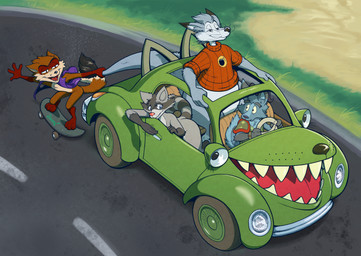 animal_car anthro car clothed clothing green_car group hair high-angle_view holding_steering_wheel holding_tail horn machine male road shoulder_pads skateboarding standing standing_out_sunroof tail topwear vehicle vest wristband dawmino busytown richard_scarry the_busy_world_of_richard_scarry alex_the_rubikang maxwell_(lobster) reynold thriftywolf wolfwagon animate_inanimate canid canine canis fox kangaroo living_car living_machine living_vehicle macropod mammal marsupial procyonid raccoon wolf absurd_res digital_media_(artwork) hi_res tagme