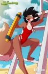 anthro beach big_breasts black_hair breasts brown_body brown_fur chest_tuft climbing clothed clothing cloud countershading female fluffy fluffy_tail fur green_eyes hair horn ladder lifeguard lifeguard_tower multicolored_body multicolored_fur one-piece_swimsuit open_mouth outside rescue_tube sand seaside sky solo swimwear tail text text_on_clothing text_on_swimwear tongue tuft two_tone_body two_tone_fur whistle_(object) whistle_around_neck white_body white_fur yelling chalo las_lindas hope_(chalo) antelope bovid gazelle mammal english_text