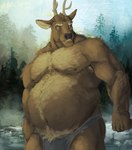 anthro armpit_hair belly belly_hair big_belly body_hair bottomwear chest_hair clothing forest hairy lake male musclegut muscular navel nipples overweight plant solo tree tribal tribal_clothing wide_hips pacific_coyote kent_(pacific_coyote) deer mammal 2024 hi_res painting_(artwork)