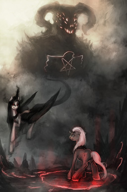 black_eyes black_hair brown_body brown_fur eyewear female feral fur glowing glowing_eyes group hair horn inverted_pentagram jewelry long_hair magic magic_circle male necklace occult_symbol pentagram red_eyes smile smoke symbol white_body white_fur white_hair wings elkaart vileraven hasbro my_little_pony mythology fan_character equid equine humanoid mammal mythological_creature mythological_equine unicorn vampire winged_unicorn black_and_white_and_red digital_media_(artwork) hi_res