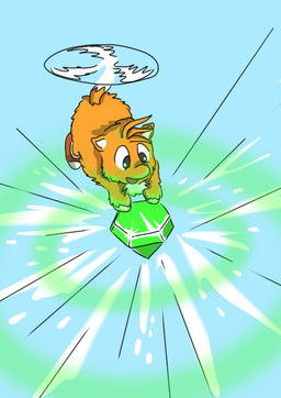 ambiguous_feral ambiguous_gender black_eyes clothing dipstick_tail emerald_(gem) feral flying footwear fur gem glowing_gem holding_gem holding_object hooves long_tail looking_at_object markings orange_body orange_fur red_clothing red_footwear red_shoes shoes sky smile solo spinning tail tail_markings tail_motion tail_spin white_hooves white_inner_ear white_tail_tip young young_ambiguous young_feral carpdime fluffy_pony fluffy_pony_(species) mammal digital_media_(artwork) shaded story_at_source