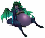 anthro belly big_belly black_bottomwear black_clothing black_topwear blue_body blue_hair bottomwear clothed clothing eyelashes female green_hair green_wings hair huge_belly membrane_(anatomy) membranous_wings mouth_closed multicolored_hair narrowed_eyes pregnant pregnant_anthro pregnant_female purple_body simple_background sitting solo topwear two_tone_hair white_background wings yellow_eyes milk-jug mythology dragon mythological_creature mythological_scalie scalie full-length_portrait hi_res portrait