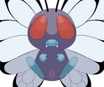 antennae_(anatomy) big_eyes cute_fangs fangs female feral genitals insect_wings lepidopteran_wings nude purple_body pussy red_eyes simple_background solo spread_legs spreading teeth white_background wings honeyu nintendo pokemon arthropod butterfree generation_1_pokemon insect lepidopteran pink_butterfree pokemon_(species) digital_media_(artwork) full-length_portrait hi_res portrait