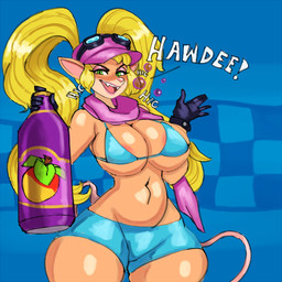 anthro big_breasts blonde_hair breasts clothing drunk female hair hat headgear headwear lipstick makeup scarf solo substance_intoxication text thick_thighs wide_hips geebie33 activision crash_bandicoot_(series) crash_team_racing_(series) crash_team_racing_nitro-fueled pasadena_o'possum 1:1 hi_res
