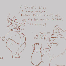 anthro big_butt bottomwear bubble butt clothed clothing drunk drunk_bubble duo exclamation_point eyes_closed fur gesture hair hand_gesture happy king male moobs obese obese_anthro obese_male overweight overweight_anthro overweight_male pants pointing pointing_at_another prince robe royalty shortstack shortstack_male smile standing substance_intoxication teeth text thick_thighs three-quarter_view tongue colossalstars arthur_higgles richard_higgles canid canine canis domestic_dog herding_dog mammal pastoral_dog welsh_corgi 1:1 2026 absurd_res digital_media_(artwork) english_text hi_res monochrome sketch father_(lore) father_and_child_(lore) father_and_son_(lore) parent_(lore) parent_and_child_(lore) parent_and_son_(lore) son_(lore)