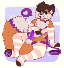 3_toes animal_genitalia animal_penis anthro armwear balls blep blue_eyes bodily_fluids canine_genitalia canine_penis clothed clothing collar countershade_accent ear_piercing feet femboy fur genitals harness heart_symbol knot knotted_penis leash leashed_collar legwear male nervous orange_body orange_fur partially_clothed pattern_armwear pattern_clothing pattern_legwear pawpads paws penis piercing pink_clothing purple_body purple_fur purple_harness purple_penis simple_background sitting solo speech_bubble striped_armwear striped_clothing striped_legwear stripes sweat sweatdrop toes tongue tongue_out white_body white_fur wiggle_lines artistic_dot mochafox_(itsmochafox) canid canine fox mammal red_fox true_fox hi_res