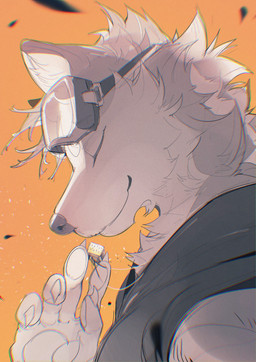 5_fingers anthro black_clothing black_topwear closed_smile clothed clothed_anthro clothed_male clothing eyes_closed eyewear eyewear_on_head fingerpads fingers fur goggles goggles_on_head holding_jewelry holding_necklace holding_object jewelry light_body light_fur male mouth_closed necklace orange_background pawpads side_view simple_background smile solo topwear chiayeeee canid canine canis mammal wolf 2024 absurd_res bust_portrait chromatic_aberration digital_drawing_(artwork) digital_media_(artwork) hi_res portrait