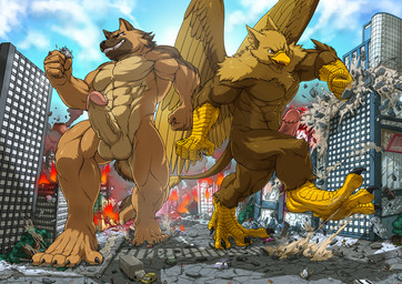 5_fingers abs anthro balls beak biceps brown_body brown_fur building building_destruction city city_background city_crushing city_destruction cityscape claws crush destruction detailed_background duo erection extreme_size_difference feathered_wings feathers feet finger_claws fingers fire fur genitals humanoid_genitalia humanoid_penis landscape_dwarfing macro macro_anthro male muscular muscular_anthro muscular_male nude outside paws pecs penile penis rampage size_difference sky smile squeezing stomping tail toe_claws toes vehicle vehicle_destruction vein veiny_penis walking wings tatugon mythology carpo stan_melgar avian canid canine canis domestic_dog german_shepherd gryphon herding_dog mammal mythological_avian mythological_creature pastoral_dog hi_res