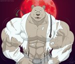 abs anthro biceps big_biceps big_muscles blood_moon body_hair bottomwear clothed clothing dress_shirt flexing flexing_bicep flexing_both_biceps growth happy_trail huge_muscles hyper hyper_muscles male moon muscle_growth muscular muscular_anthro muscular_arms muscular_male navel open_mouth pants pecs pubes shirt simple_background solo suspenders topwear torn_clothing vein veiny_muscles jabuhusky beastars riz_(beastars) bear mammal 2024 hi_res signature