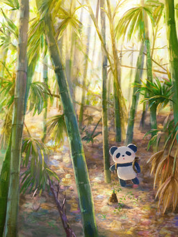 backpack bamboo bamboo_tree biped black_body black_nose chibi detailed_background outside plant solo tree white_body araru bear giant_panda mammal 2021 3:4 hi_res