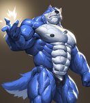 abs anthro areola barazoku biceps black_areola black_clothing black_thong black_underwear blue_body blue_eyes blue_fur clothed clothing deltoids forearm_muscles fur looking_at_viewer male muscular muscular_anthro muscular_male muscular_thighs nipples obliques pecs serratus snapping_fingers solo tail thong thong_only topless tusks underwear underwear_only vein veiny_muscles white_body white_fur echin canid canine canis mammal wolf 2022 absurd_res digital_media_(artwork) hi_res