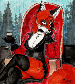 alcohol alternative_fashion anthro beverage breasts chair clothing cross female forest furniture gloves goth handwear plant solo throne tree wine flaminfoxgaming canid canine fox mammal 2026 hi_res traditional_media_(artwork)