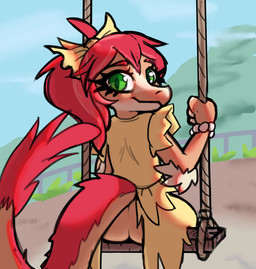accessory anthro bow_ribbon butt clothed clothing feathers female grasping_hands hair hair_accessory hair_bow hair_ribbon looking_back ponytail ribbons rope simple_background sitting smile solo swing wooden_plank young young_female viofsa cavemanon_studios volcaldera_ashfall ashley_(volcaldera_ashfall) dinosaur dromaeosaurid prehistoric_species reptile saurischian scalie theropod 2026 colored_sketch digital_media_(artwork) sketch