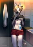 anthro bathroom biped black_clothing blonde_hair bottomwear bulge clothed clothing detailed_background detailed_bulge electronics erection erection_under_clothing genital_outline hair holding_object holding_phone inside looking_at_viewer male midriff navel nipples one_eye_closed penis_outline phone red_clothing shampoo shorts sideways-pointing_bulge solo text white_body eerieeyes shampoo_challenge misha_(eerieeyes) equid equine horse mammal pony 2020 digital_media_(artwork) hi_res meme url