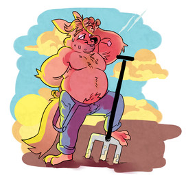 anthro barefoot belly big_belly biped bodily_fluids bottomwear breath brown_hair clothed clothing cloud feet front_view fur gardening hair male orange_body orange_fur overweight overweight_anthro overweight_male pants pitchfork solo standing step_pose sunset suspenders sweat tools topless working grosspups disney zootopia gideon_grey canid canine fox mammal red_fox true_fox 2017 digital_media_(artwork) full-length_portrait portrait