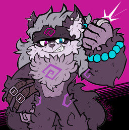 anthro black_nose blue_eyes bracelet bridge_piercing chest_tuft ear_piercing ear_ring facial_piercing fur grey_body grey_fur grey_hair hair hand_on_hip heterochromia humanoid_hands industrial_piercing jewelry long_hair male markings nose_piercing piercing purple_background purple_eyes purple_markings ring ring_piercing sharp_teeth simple_background solo spiked_piercing tail teeth tuft wonderwaffle fan_character spiral_(potatoturtle) 2025 digital_drawing_(artwork) digital_media_(artwork) english_description