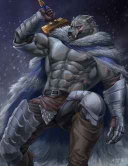 abs anthro armor biped cape clothing male muscular muscular_anthro muscular_male nipples pecs solo unconvincing_armor amon-sydonai elden_ring fromsoftware blaidd_(elden_ring) canid canine canis mammal wolf 2021 absurd_res hi_res signature