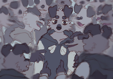 ambiguous_gender anthro black_eyes blurred_character clothing eyebrows eyeless floppy_ears gesture group hand_gesture open_mouth pointing solo_focus sweater topwear vent_art hemuchang shin_(hemuchang) canid canine canis domestic_dog mammal 2021 hi_res