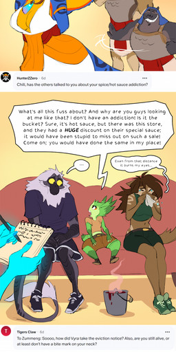 anthro armor ask_blog blue_body blue_fur blue_scales bodily_fluids bottomwear breasts brown_body brown_fur brown_hair bucket clothed clothed_anthro clothed_female clothed_male clothing container dialogue drained_of_blood fangs female footwear fur green_body green_fur grey_body grey_skin group hair horn jewelry lying male multicolored_body multicolored_scales pendant plant purple_body purple_scales scales shoes shorts sneakers speech_bubble tail tears teeth text tissue tongue tongue_out two_tone_body two_tone_scales yellow_body yellow_scales zummeng basa_(zummeng) chili_(zummeng) luna_(zummeng) mercur_(zummeng) mercury_(zummeng) miralle tristan_(zummeng) violet_(zummeng) zaphira_(zummeng) zet_(zummeng) zummeng_(character) bovid caprine cobra deer deity domestic_cat elemental_creature elvian felid feline felis flora_fauna goat haplorhine hippopotamid ibex mammal monkey primate reptile scalie snake suid suine sus_(pig) wild_boar 2025 absurd_res comic english_text hi_res long_image tall_image sibling_(lore) sister_(lore) sisters_(lore) twins_(lore)