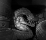 alley ambiguous_gender apode brick_wall dumpster fangs food fruit holidays legless plant pumpkin serpentine solo teeth unhinged_jaw wall_(structure) universaldragon halloween draconcopode monster naga greyscale hi_res monochrome