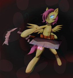 anthro anthrofied belt blue_eyes cleaver_(weapon) creepy cutie_mark dark feathered_wings feathers female fur glowing glowing_eyes hair hair_over_eye knife melee_weapon one_eye_obstructed pink_hair pouch_(clothing) short_hair simple_background solo tail weapon wings wraps yellow_body yellow_feathers yellow_fur hannia friendship_is_magic hasbro my_little_pony mythology fluttershy_(mlp) arthropod butterfly equid equine insect lepidopteran mammal mythological_creature mythological_equine pegasus 2013