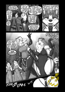 2_fingers 3_fingers 4_arms antennae_(anatomy) anthro anus back_wings big_breasts big_butt breasts business business_attire business_suit businesswear businesswoman butt clothing curtains dialogue dress electronics eyewear fart fart_cloud fart_fetish farting_male female fingers gassy glasses gown groan group larger_female male_farting microphone multi_arm multi_limb on_stage overweight overweight_anthro overweight_female partially_clothed_anthro partially_clothed_male presenting presenting_anus presenting_hindquarters puffy_anus size_difference stage stinger stinger_tail suit tail tall_female text thick_thighs thong underwear wearing_glasses wings soomir aster_(soomir) cassia_(soomir) hectar_(soomir) marigold_(soomir) sasha_(soomir) zinnia_(soomir) arthropod bee canid canine canis domestic_dog husky hymenopteran insect mammal nordic_sled_dog queen_bee spitz absurd_res comic english_text hi_res monochrome sibling_(lore) twins_(lore)