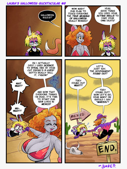 anthro big_breasts bikini black_clothing black_overalls black_speech_bubble blonde_hair blue_eyes breasts cactus cheek_tuft cleavage clothed clothing cow_skull desert dialogue duo eyewear facial_tuft female fur giving_up_the_ghost glasses grey_body grey_fur hair holidays huge_breasts neck_bolts orange_body orange_fur orange_hair out_of_frame overalls pink_body pink_fur plant purple_body purple_fur red_bikini red_clothing red_swimwear shirt sky speech_bubble surgical_suture swimwear tail text topwear tuft two-piece_swimsuit white_clothing white_shirt white_topwear yellow_eyes yellow_sky boker halloween laura_derose mary_(boker) vacanti_(boker) lagomorph leporid mammal murid murine rabbit rat rodent artist_name comic english_text signature