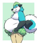 anthro belly big_belly big_butt black_body black_fur blue_body blue_fur blush bodily_fluids body_hair bottomwear bottomwear_pull bulge butt clothed clothing clothing_pull curled_tail eyewear fur geometric_background glasses green_body green_fur green_hair hair looking_down male obese obese_anthro overweight overweight_anthro overweight_male pants pants_pull simple_background solo stomach_hair sweat sweatdrop tail tight_clothing topless underwear white_body white_fur tanio tight_pants_(meme) tanio_(character) canid canine canis domestic_dog fox husky hybrid mammal nordic_sled_dog spitz 2023 hi_res meme