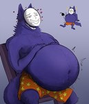 anthro belly big_belly bloated blush bodily_fluids bomb bottomwear chair clothed clothing drooling exclamation_point explosives fur furniture hand_on_belly heart_symbol male mask navel orange_bottomwear orange_clothing orange_shorts overweight overweight_anthro overweight_male purple_body purple_fur saliva sharp_teeth shorts sitting solo sweat teeth topless topless_male thearmordines popee_the_performer kedamono_(popee_the_performer) canid canine canis mammal wolf hi_res