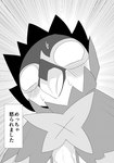 anthro blush bodily_fluids caught_in_the_act caught_off_guard dialogue male scared shocked solo surprise surprised_expression sweat text dragonlove nintendo pokemon decidueye generation_7_pokemon pokemon_(species) absurd_res comic greyscale hi_res japanese_text monochrome translated