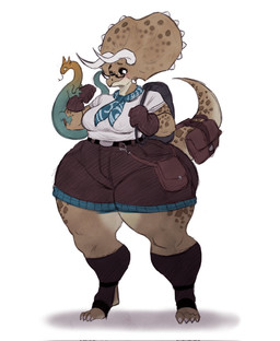 3_horns ambiguous_gender anthro ascot belt black_eyes bottom_heavy bottomwear breasts brown_body brown_scales clothed clothing countershading curvy_figure duo eyeshadow eyewear female feral footwear forked_tongue frill_(anatomy) glasses gloves handwear high_waisted_bottomwear high_waisted_shorts horn huge_hips huge_thighs makeup markings medium_breasts multi_horn pupils rectangular_glasses scales shirt shorts slit_pupils small_waist socks spots spotted_body spotted_markings spotted_scales spotted_tail stirrup_socks tail tail_markings thick_thighs tongue tongue_out topwear wide_hips itzjaylock ceratopsian ceratopsid chasmosaurine dinosaur lizard marginocephalian ornithischian prehistoric_species reptile scalie triceratops hi_res