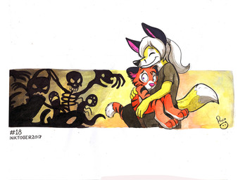 anthro bone clothed clothing dipstick_tail duo_focus eyes_closed female female_anthro fur group hair head_tuft holding_another male male_anthro markings mouth_closed nude orange_body orange_fur purple_eyes purple_nose silhouette simple_background skeleton tail tail_markings tuft white_body white_fur white_hair yellow_body yellow_fur young young_anthro young_male pandapaco canid canine felid fox ghost mammal pantherine spirit tiger
