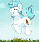 blue_mane clenched_teeth cutie_mark eyes_closed feral horn jumping male mane mountain outside plant solo teeth tree white_body pridark hasbro my_little_pony mythology snap_feather equid equine mammal mythological_creature mythological_equine unicorn 2016 hi_res